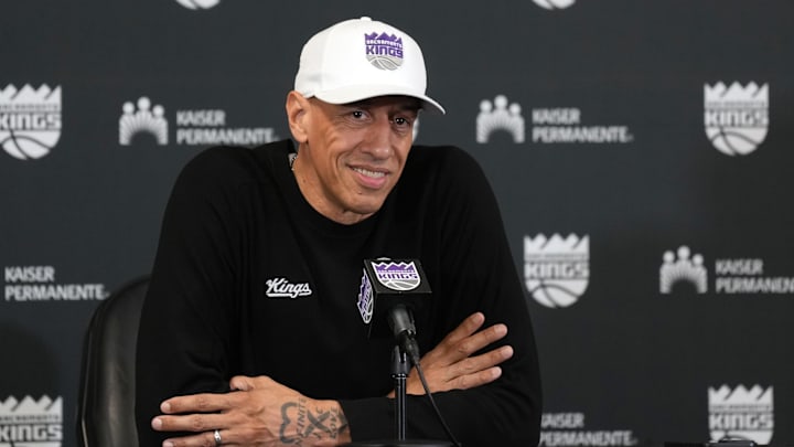 Mar 22, 2025; Sacramento, California, USA; Sacramento Kings interim head coach Doug Christie talks to media members before the game against the Milwaukee Bucks at Golden 1 Center. Mandatory Credit: Darren Yamashita-Imagn Images