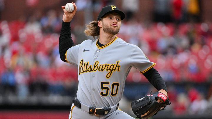 May 20, 2026; St. Louis, Missouri, USA; Pittsburgh Pirates starting pitcher Carmen Mlodzinski (50) pitches against the St. Louis Cardinals during the first inning at Busch Stadium. Mandatory Credit: Jeff Curry-Imagn Images