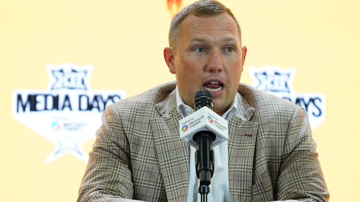 Jul 8, 2025; Frisco, TX, USA; Arizona State head coach Kenny Dillingham addresses the media during 2025 Big 12 Football Media Days at The Star. Mandatory Credit: Raymond Carlin III-Imagn Images