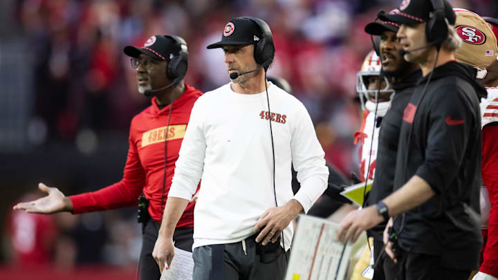 Jan 5, 2025; Glendale, Arizona, USA; San Francisco 49ers head coach Kyle Shanahan against the Arizona Cardinals at State Farm Stadium. Mandatory Credit: Mark J. Rebilas-Imagn Images
