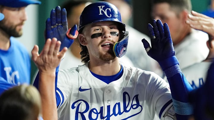 Aug 7, 2024; Kansas City, Missouri, USA; Kansas City Royals shortstop Bobby Witt Jr. (7) is congratulated by teammates after hitting a home run during the sixth inning against the Boston Red Sox at Kauffman Stadium. Mandatory Credit: Jay Biggerstaff-USA TODAY Sports