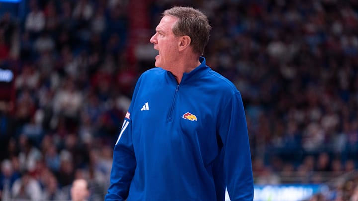 Kansas Jayhawks head coach Bill Self yells out during the game against Baylor Bears inside Allen Fieldhouse on Jan. 16, 2026.