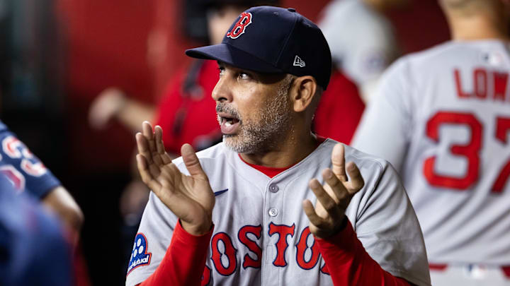 Sep 7, 2025; Phoenix, Arizona, USA; Boston Red Sox manager Alex Cora reacts in the seventh inning against the Arizona Diamondbacks at Chase Field. Mandatory Credit: Mark J. Rebilas-Imagn Images