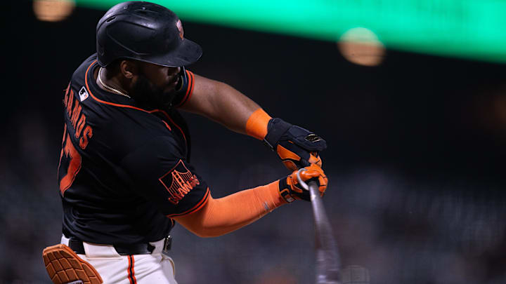 Mar 24, 2025; San Francisco, California, USA; San Francisco Giants left fielder Heliot Ramos (17) connects for an RBI single against the Detroit Tigers during the fifth inning at Oracle Park. Mar 24, 2025; San Francisco, California, USA; San Francisco Giants left fielder Heliot Ramos (17) connects for an RBI single against the Detroit Tigers during the fifth inning at Oracle Park.