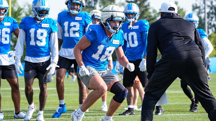 Detroit Lions wide receiver Isaac TeSlaa (18) practices during training camp at Meijer Performance Center in Allen Park on Thursday, July 24, 2025.