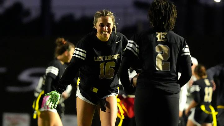 Evans, Georgia, USA; Evans defense back Millie Walker (16) and defensive back Daleah Gardner (2) celebrate after an interception during the Evans and South Effingham flag football game at Evans High School. Evans won 25-6. (Oct. 2025) Mandatory Credit: Katie Goodale - Augusta Chronicle/USA TODAY NETWORK Evans, Georgia, USA; Evans defense back Millie Walker (16) and defensive back Daleah Gardner (2) celebrate after an interception during the Evans and South Effingham flag football game at Evans High School. Evans won 25-6. (Oct. 2025) Mandatory Credit: Katie Goodale - Augusta Chronicle/USA TODAY NETWORK
