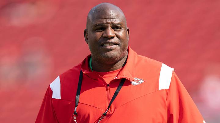 August 14, 2021; Santa Clara, California, USA; Kansas City Chiefs offensive coordinator Eric Bieniemy before the game against the San Francisco 49ers at Levi's Stadium. Mandatory Credit: Kyle Terada-USA TODAY Sports