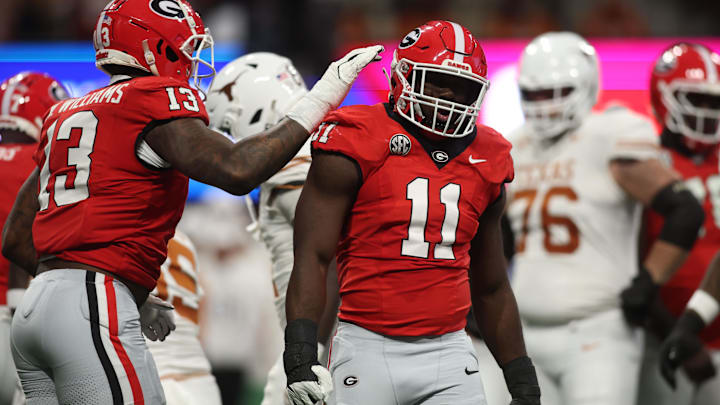 Dec 7, 2024; Atlanta, GA, USA; Georgia Bulldogs linebacker Jalon Walker (11) reacts against the Texas Longhorns during the first half in the 2024 SEC Championship game at Mercedes-Benz Stadium. Mandatory Credit: Brett Davis-Imagn Images