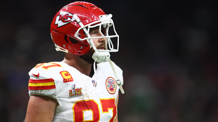 Feb 9, 2025; New Orleans, LA, USA; Kansas City Chiefs tight end Travis Kelce (87) reacts in the fourth quarter against the Philadelphia Eagles in Super Bowl LIX at Ceasars Superdome. Mandatory Credit: Mark J. Rebilas-Imagn Images Feb 9, 2025; New Orleans, LA, USA; Kansas City Chiefs tight end Travis Kelce (87) reacts in the fourth quarter against the Philadelphia Eagles in Super Bowl LIX at Ceasars Superdome. Mandatory Credit: Mark J. Rebilas-Imagn Images