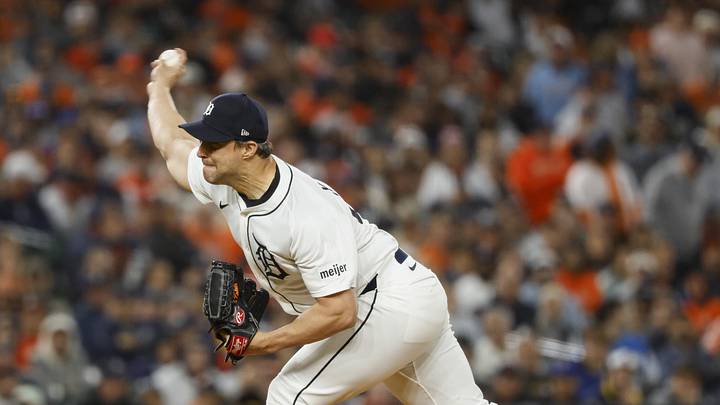 Oct 7, 2025; Detroit, Michigan, USA; Detroit Tigers pitcher Tommy Kahnle (43) delivers a pitch in the fourth inning against the Seattle Mariners during game three of the ALDS round for the 2025 MLB playoffs at Comerica Park. Mandatory Credit: Rick Osentoski-Imagn Images