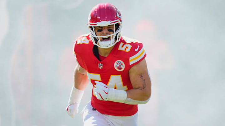Oct 19, 2025; Kansas City, Missouri, USA; Kansas City Chiefs linebacker Leo Chenal (54) runs onto the field during player introductions prior to the game against the Las Vegas Raiders at GEHA Field at Arrowhead Stadium. Mandatory Credit: Jay Biggerstaff-Imagn Images