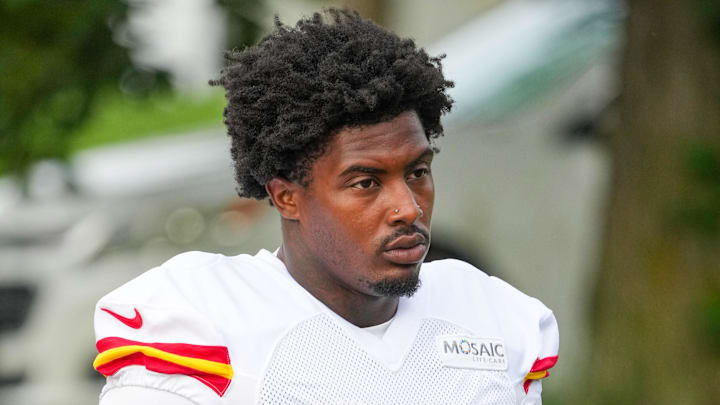 Jul 22, 2025; St. Joseph, MO, USA; Kansas City Chiefs defensive tackle Omarr Norman-Lott (55) walks down the hill to the practice fields during training camp at Missouri Western State University. Mandatory Credit: Denny Medley-Imagn Images