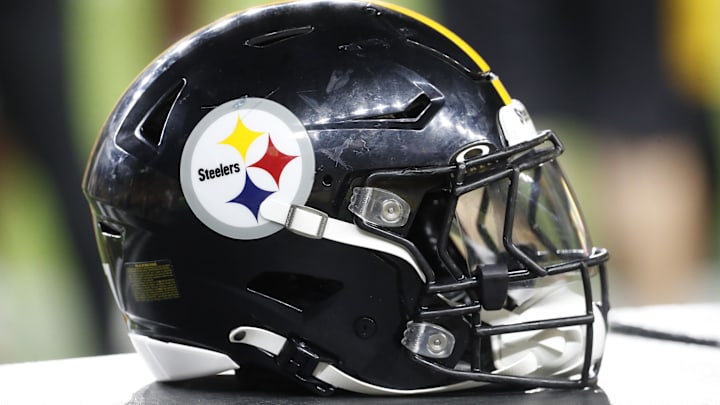 Aug 9, 2024; Pittsburgh, Pennsylvania, USA;  A Pittsburgh Steelers helmet sits on an equipment trunk during the game against the Houston Texans during the fourth quarter at Acrisure Stadium. Mandatory Credit: Charles LeClaire-Imagn Images