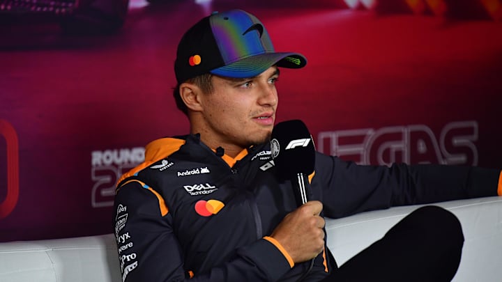 Nov 20, 2024; Las Vegas, Nevada, USA; McLaren driver Lando Norris (4) during media availabilities at Las Vegas Circuit. Mandatory Credit: Gary A. Vasquez-Imagn Images