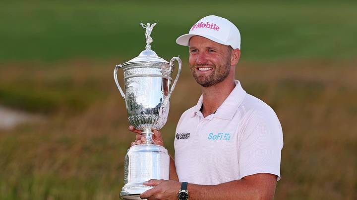 Jun 21, 2026; Southampton, New York, USA; Wyndham Clark celebrates after the win during final round of the U.S. Open golf tournament at Shinnecock Hills Golf Club. Mandatory Credit: Bill Streicher-Imagn Images