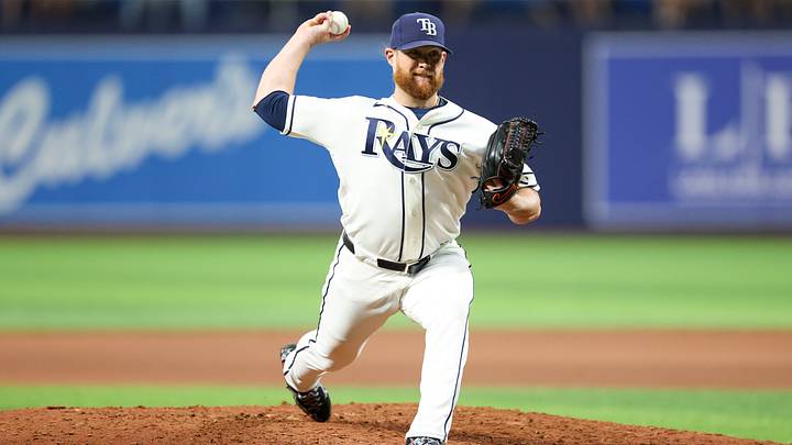 Jul 28, 2026; St. Petersburg, Florida, USA; Tampa Bay Rays pitcher Craig Kimbrel (46) throws a pitch against the Texas Rangers in the eighth inning at Tropicana Field. Mandatory Credit: Nathan Ray Seebeck-Imagn Images Jul 28, 2026; St. Petersburg, Florida, USA; Tampa Bay Rays pitcher Craig Kimbrel (46) throws a pitch against the Texas Rangers in the eighth inning at Tropicana Field. Mandatory Credit: Nathan Ray Seebeck-Imagn Images