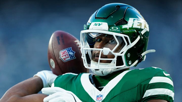 New York Jets running back Breece Hall (20) is shown before the game, Sunday January 5, 2025, in East Rutherford. New York Jets running back Breece Hall (20) is shown before the game, Sunday January 5, 2025, in East Rutherford.