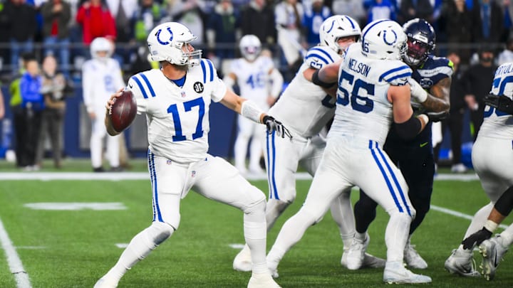Dec 14, 2025; Seattle, Washington, USA; Indianapolis Colts quarterback Philip Rivers (17) passes against the Seattle Seahawks during the fourth quarter at Lumen Field. Dec 14, 2025; Seattle, Washington, USA; Indianapolis Colts quarterback Philip Rivers (17) passes against the Seattle Seahawks during the fourth quarter at Lumen Field.