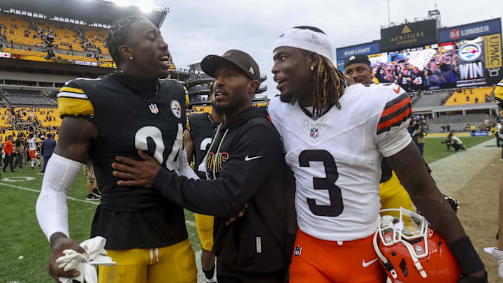Oct 12, 2025; Pittsburgh, Pennsylvania, USA; Pittsburgh Steelers cornerback Joey Porter Jr. (24) and Cleveland Browns wide receiver Jerry Jeudy (3) after the game at Acrisure Stadium. Mandatory Credit: Charles LeClaire-Imagn Images