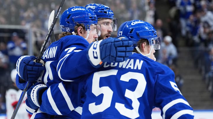 Dec 30, 2025; Toronto, Ontario, CAN; Toronto Maple Leafs center Bobby McMann (74) celebrates after a goal with right wing Easton Cowan (53) against the New Jersey Devils during the first period at Scotiabank Arena. Mandatory Credit: Nick Turchiaro-Imagn Images Dec 30, 2025; Toronto, Ontario, CAN; Toronto Maple Leafs center Bobby McMann (74) celebrates after a goal with right wing Easton Cowan (53) against the New Jersey Devils during the first period at Scotiabank Arena. Mandatory Credit: Nick Turchiaro-Imagn Images