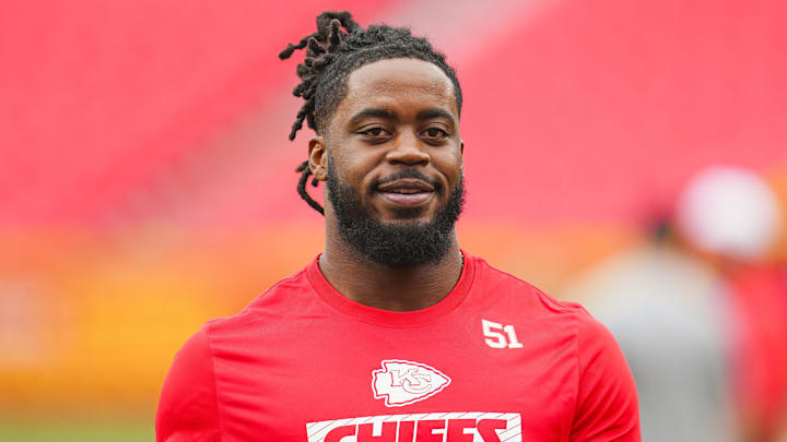 Aug 22, 2024; Kansas City, Missouri, USA; Kansas City Chiefs defensive end Mike Danna (51) warms up prior to a game against the Chicago Bears at GEHA Field at Arrowhead Stadium. Mandatory Credit: Jay Biggerstaff-Imagn Images