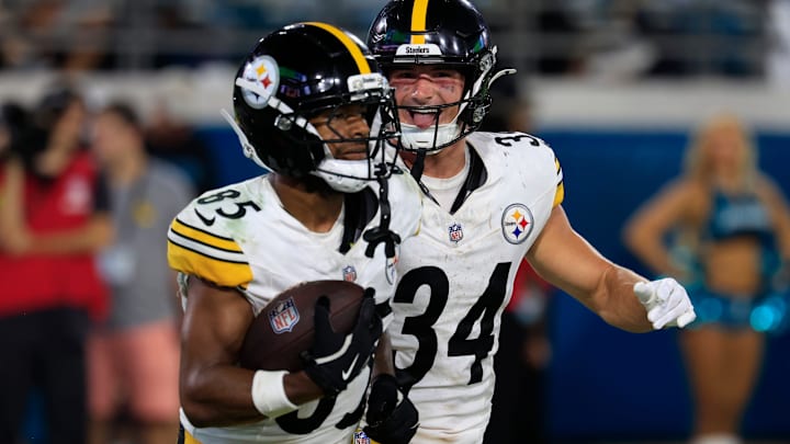 Pittsburgh Steelers wide receiver Ke'Shawn Williams (85) runs off the field with running back Lew Nichols (35) who reacts to Williams’ touchdown score during the fourth quarter of an NFL preseason matchup at EverBank Stadium, Saturday, Aug. 9, 2025 in Jacksonville, Fla. The Steelers defeated the Jaguars 31-25. [Corey Perrine/Florida Times-Union]