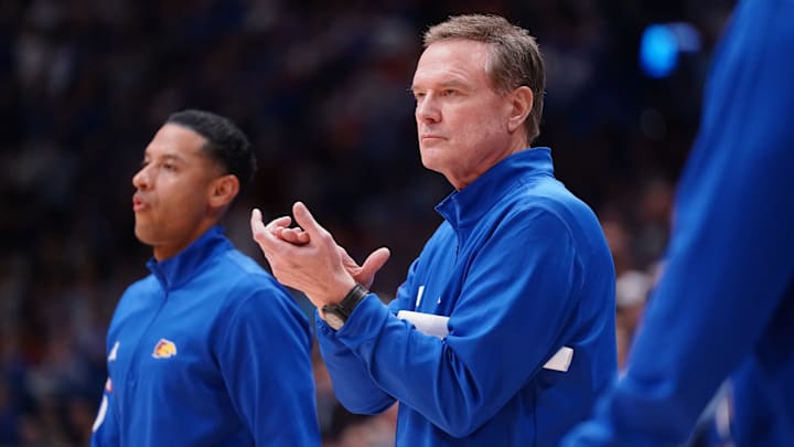 Kansas Jayhawks head coach Bill Self applauds a play against Houston Cougars during the game inside Allen Fieldhouse on Monday, Feb. 23, 2026.