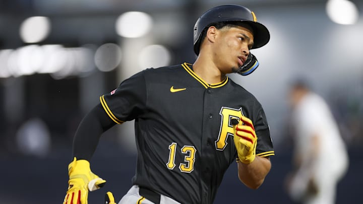 Pittsburgh Pirates designated hitter Endy Rodriguez (13) runs the bases after hitting a home run against the New York Yankees in the fifth inning during spring training at George M. Steinbrenner Field. 