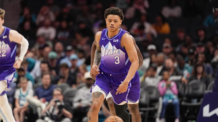 Mar 31, 2025; Charlotte, North Carolina, USA; Utah Jazz guard Keyonte George (3) brings the ball up court during the second half against the Charlotte Hornets at Spectrum Center. Mandatory Credit: Jim Dedmon-Imagn Images