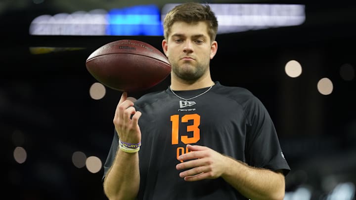 Feb 28, 2026; Indianapolis, IN, USA; LSU quarterback Garrett Nussmeier (QB13) during the NFL Scouting Combine at Lucas Oil Stadium. Mandatory Credit: Kirby Lee-Imagn Images Feb 28, 2026; Indianapolis, IN, USA; LSU quarterback Garrett Nussmeier (QB13) during the NFL Scouting Combine at Lucas Oil Stadium. Mandatory Credit: Kirby Lee-Imagn Images
