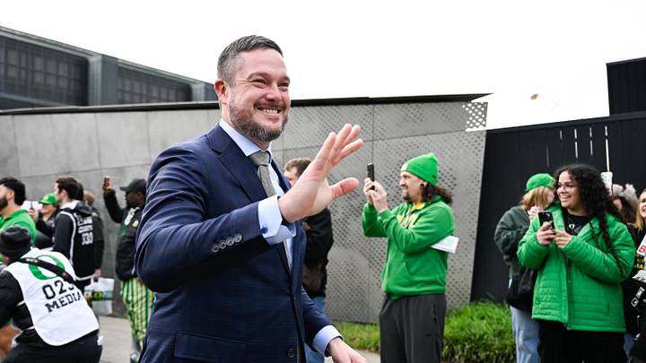 Dec 20, 2025; Eugene, OR, USA;  Oregon Ducks head coach Dan Lanning looks on before the game against the James Madison Dukes at Autzen Stadium. Mandatory Credit: Troy Wayrynen-Imagn Images