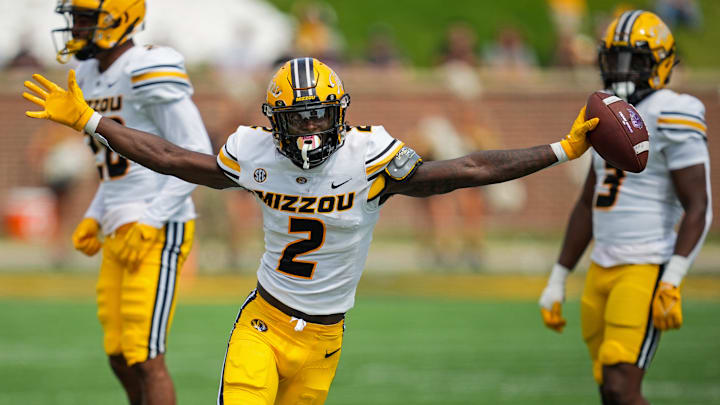 Sep 17, 2022; Columbia, Missouri, USA; Missouri Tigers defensive back Ennis Rakestraw Jr. (2) celebrates after forcing a turnover. 