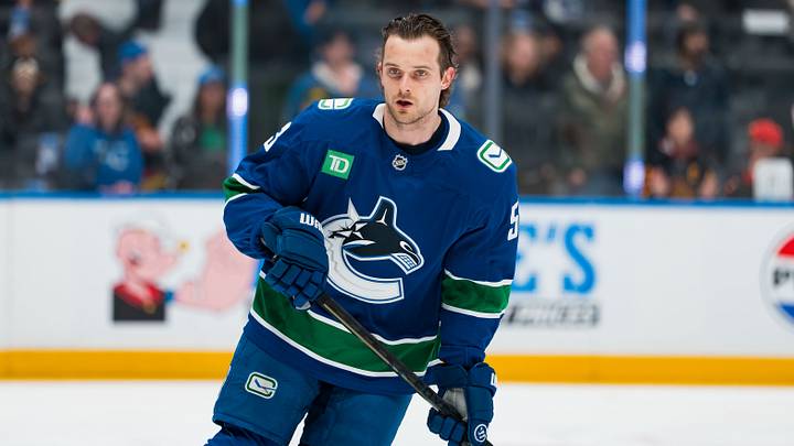Apr 14, 2026; Vancouver, British Columbia, CAN; Vancouver Canucks forward Teddy Blueger (53) skates in warm up prior to a game against the Los Angeles Kings at Rogers Arena. Mandatory Credit: Bob Frid-Imagn Images