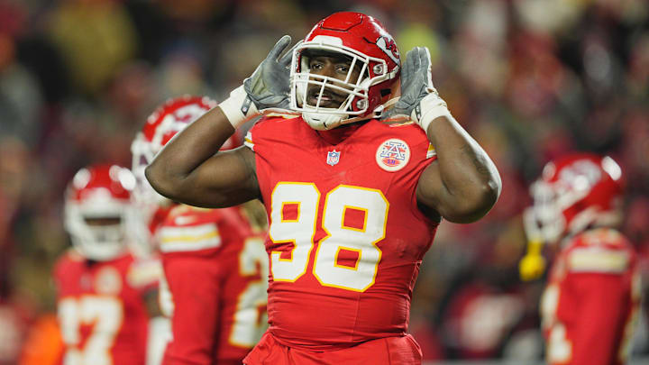 Jan 18, 2025; Kansas City, Missouri, USA; Kansas City Chiefs defensive tackle Tershawn Wharton (98) reacts during the fourth quarter of a 2025 AFC divisional round game against the Houston Texans at GEHA Field at Arrowhead Stadium. Mandatory Credit: Jay Biggerstaff-Imagn Images