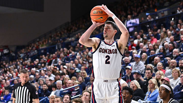 Jan 8, 2026; Spokane, Washington, USA; Gonzaga Bulldogs forward Steele Venters (2) makes an open three-pointer against the Santa Clara Broncos in the first half at McCarthey Athletic Center. Mandatory Credit: James Snook-Imagn Images Jan 8, 2026; Spokane, Washington, USA; Gonzaga Bulldogs forward Steele Venters (2) makes an open three-pointer against the Santa Clara Broncos in the first half at McCarthey Athletic Center. Mandatory Credit: James Snook-Imagn Images