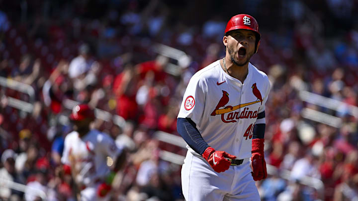 Aug 22, 2024; St. Louis, Missouri, USA;  St. Louis Cardinals catcher Willson Contreras (40) reacts after drawing a walk with the bases loaded against the Milwaukee Brewers during the seventh inning at Busch Stadium. Mandatory Credit: Jeff Curry-Imagn Images