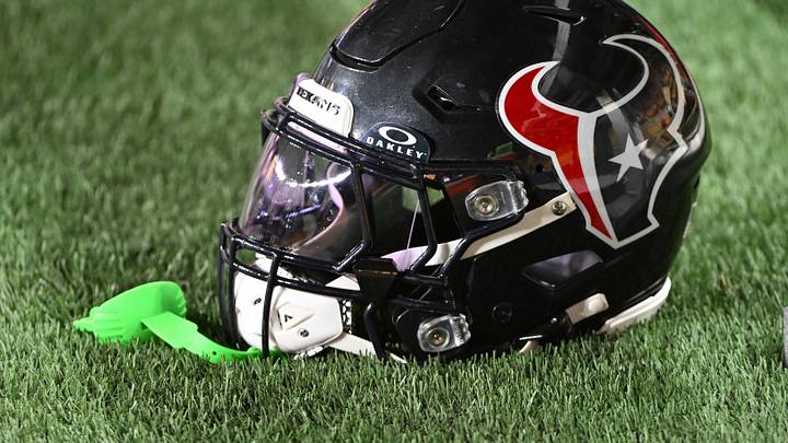 Aug 9, 2024; Pittsburgh, Pennsylvania, USA;  A Houston Texans helmet sits on the sidelines during the 4th quarter against the Pittsburgh Steelers at Acrisure Stadium. Mandatory Credit: Barry Reeger-Imagn Images
