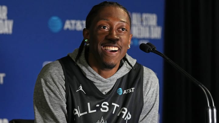 Feb 15, 2025; Oakland, CA, USA; Kenny’s Young Stars guard Jalen Williams (8) of the Oklahoma City Thunder talks to media members during the NBA All Star-Practice at Oakland Arena. Mandatory Credit: Darren Yamashita-Imagn Images