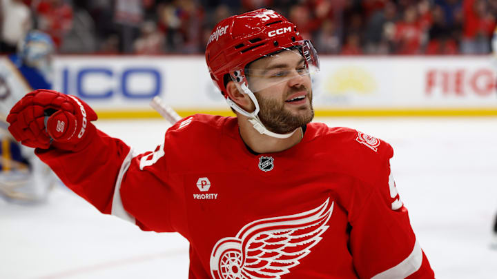Nov 15, 2025; Detroit, Michigan, USA; Detroit Red Wings right wing Alex Debrincat (93) celebrates after scoring against the Buffalo Sabres in the second period at Little Caesars Arena. Mandatory Credit: Rick Osentoski-Imagn Images Nov 15, 2025; Detroit, Michigan, USA; Detroit Red Wings right wing Alex Debrincat (93) celebrates after scoring against the Buffalo Sabres in the second period at Little Caesars Arena. Mandatory Credit: Rick Osentoski-Imagn Images