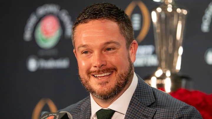 Oregon head coach Dan Lanning speaks during the coaches press conference in Los Angeles Tuesday, Dec. 31, 2024, ahead of the Rose Bowl.