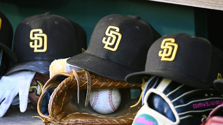 May 24, 2023; Washington, District of Columbia, USA; San Diego Padres hats in the dugout during the game against the Washington Nationals at Nationals Park. Mandatory Credit: Brad Mills-Imagn Images