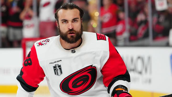 Jun 14, 2026; Las Vegas, Nevada, USA; Carolina Hurricanes left wing William Carrier (28) warms up before a game against the Vegas Golden Knights in game six of the 2026 Stanley Cup Final at T-Mobile Arena. Mandatory Credit: Stephen R. Sylvanie-Imagn Images