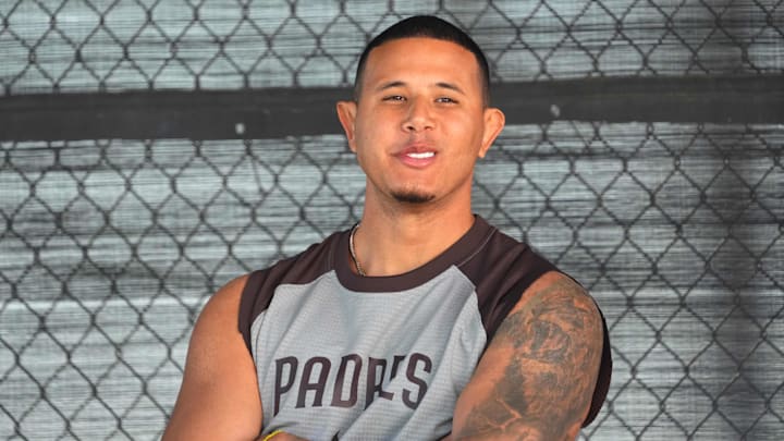 San Diego Padres third baseman Manny Machado looks on
