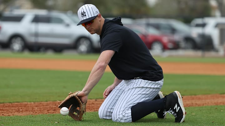 Feb 20, 2025; Tampa, FL, USA; New York Yankees third base DJ LeMahieu (26) during work outs at George M. Steinbrenner Field.