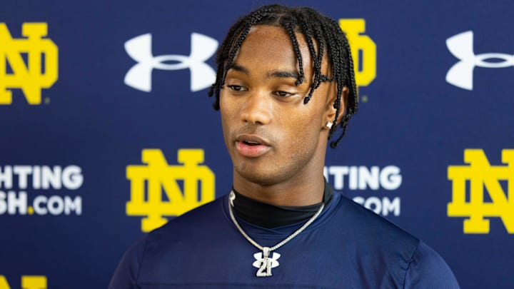 Notre Dame cornerback Karson Hobbs speaks with media at Irish Athletic Complex on Thursday, June 20, 2024, in South Bend. Notre Dame cornerback Karson Hobbs speaks with media at Irish Athletic Complex on Thursday, June 20, 2024, in South Bend.