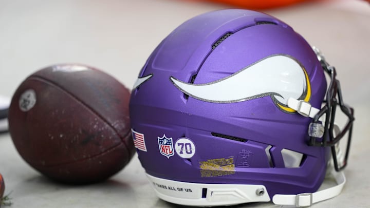 Nov 23, 2025; Green Bay, Wisconsin, USA;  General view of an Minnesota Vikings helmet during the warmups prior to the game against the Green Bay Packers at Lambeau Field. Mandatory Credit: Jeff Hanisch-Imagn Images