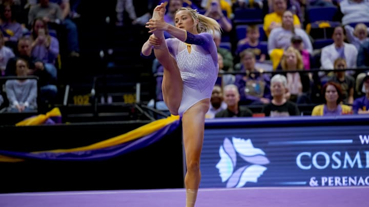 LSU Lady Tigers senior Livvy Dunne performs a floor routine against the Arkansas Razorbacks.