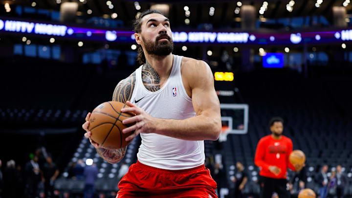 Jan 16, 2025; Sacramento, California, USA; Houston Rockets center Steven Adams (12) warms up before the game against the Sacramento Kings at Golden 1 Center. Mandatory Credit: Sergio Estrada-Imagn Images