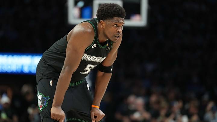 May 15, 2026; Minneapolis, Minnesota, USA; Minnesota Timberwolves guard Anthony Edwards (5) looks on against the San Antonio Spurs in the first half during game six of the second round of the 2026 NBA Playoffs at Target Center. 