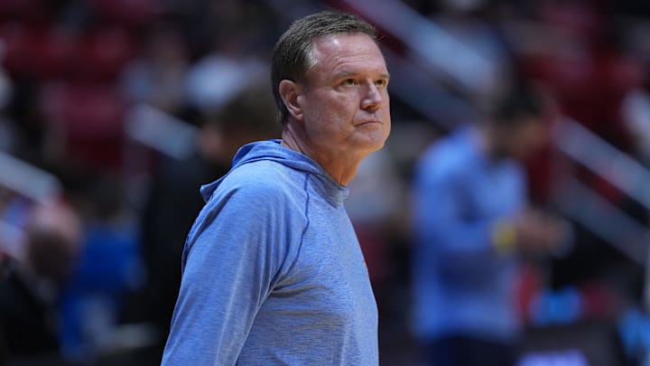 Mar 19, 2026; San Diego, CA, USA; Kansas Jayhawks head coach Bill Self during a practice session ahead of the first round of the men's 2026 NCAA Tournament at Viejas Arena. Mandatory Credit: Kirby Lee-Imagn Images